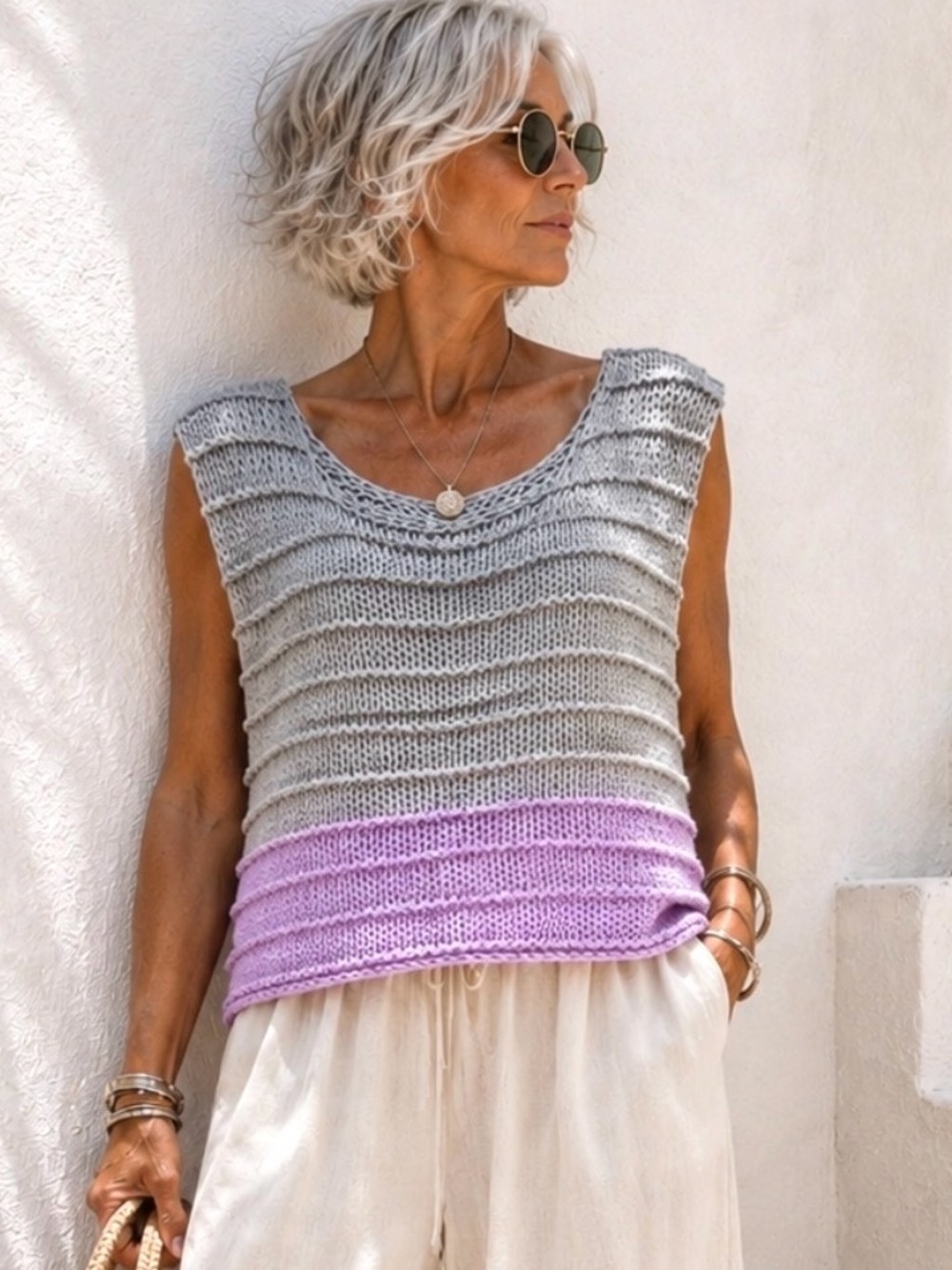 Plus Size Handmade Organic Cotton Knit Top 14W Relaxed Boho Gray Pink Sleeveles